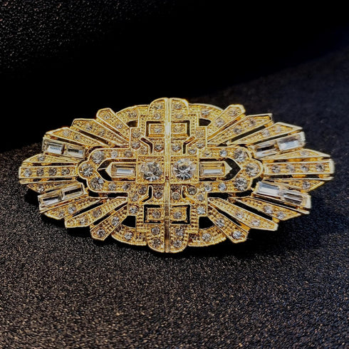 Old European Vintage Gold Tone Oval Shaped Art Nouveau Crystal Brooch Pin Wedding Party Bouquet Accessory...