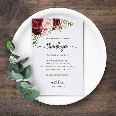 321Done Thank You Placecards for Wedding (Set of 50) Large 4" x 6" Table Place Setting Cards - Made in USA - Watercolor Red Roses Floral on White...