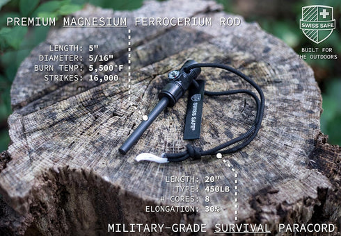 Swiss Safe 5-in-1 Fire Starter with Compass, Paracord and Whistle (2-Pack) for Emergency Survival Kits, Camping, Hiking, All-Weather Magnesium Fer...
