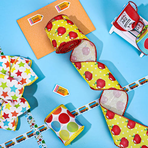 Whaline 30 Yards Back to School Wired Edge Ribbons School Themed Decorative Fabric Ribbon School Supplies Apple Stars Dots Wrapping Ribbon for DIY...