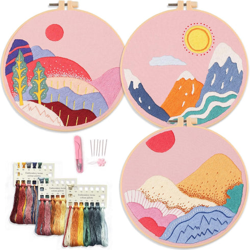 embroidery kit, pink embroidery cloth, pattern of mountains, embroidery starter kit, also includes hoop, needle, thread and instructions (pink)......