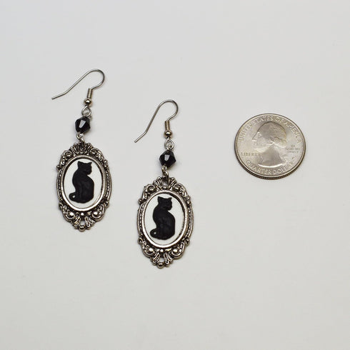Black Cat Cameo In Silver Finish Frame Dangle Earrings with Black Bead...