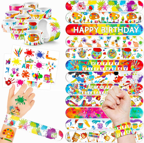 48PCS Art Party Favors 24PCS Tattoos 24PCS Slap Bracelets Wristbands Themed Birthdays Party Supplies Decorations Decor Artistry Painting Creativit...