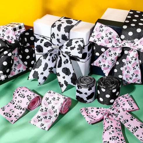 4 Rolls Cow Print Wired Ribbon 24 Yard 2.5 Inch Pink Black and White Striped Cow Spot Animal Print Ribbon for Wreath Bow DIY Crafts Christmas Part...