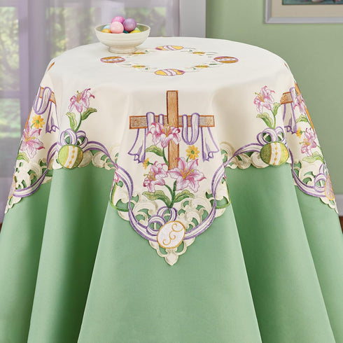 Collections Etc Embroidered Easter Cross Table Topper Cloth - Tabletop Linen with Lilies, Easter Eggs, & Purple Twining Ribbon Tablecloth...