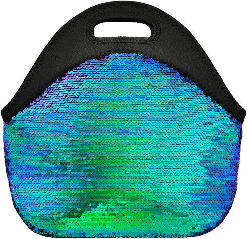Neoprene Lunch Bag for Women,Double-Sided Green Sequins Insulated Neoprene Tote Bag with Zipper for Work, Reusable Washable Thermal Bag for Lunch ...