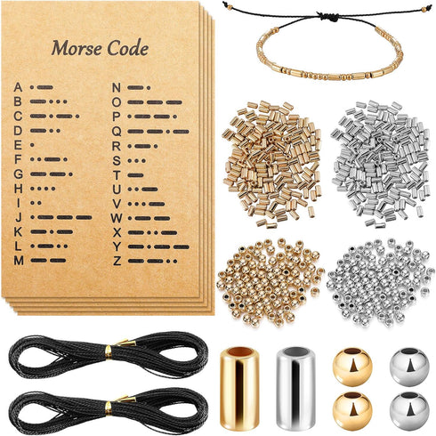 DIY Morse Code Bracelet Making Set, 800 Round Spacer Beads, 800 Long Tube Beads, 20 Morse Code Decoding Card and 2 Rolls 66 ft Waxed Polyester Twi...