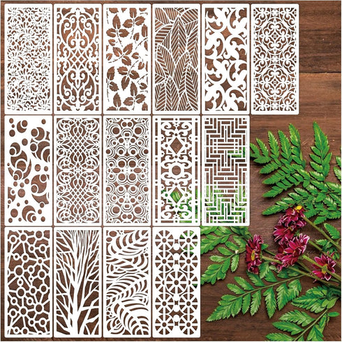 15 Pieces Stencils for Painting on Wood, Reusable Border Furniture Stencil Plastic Cake Decorative Template for Wood DIY Craft Canvas Fabric (15 B...