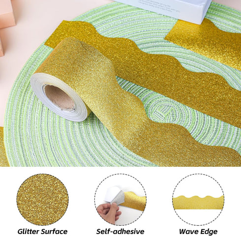65 Feet Gold Glitter Bulletin Board Borders Gold Scalloped Border Trims Bulletin Shiny Board Border Decorative Self-Adhesive Bulletin Stickers for...