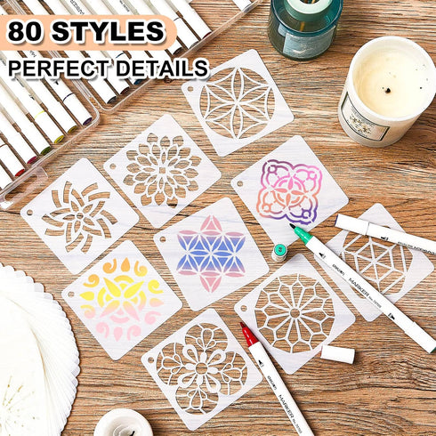 80 Pieces 3 x 3 Inch Mandala Reusable Plastic Art Craft Kits for DIY Painting Art Projects Wood Wall Floor Fabric Furniture Tile Holiday Stencils ...