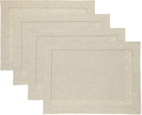 Solino Home Linen Placemats Set of 4 - Classic Hemstitch Natural Placemats 14 x 19 Inch - 100% Pure Linen Table Mats for Summer, Fall...