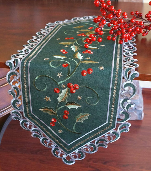 GRANDDECO Holiday Christmas Table Runner, Cutwork Embroidered Floral Holly Berry Dresser Scarf Table Topper for Home Dining Xmas Table Decorations...