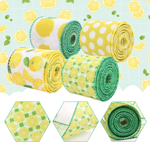 4 Rolls Lemon Wired Edge Ribbons 2.5 Inch x 24 Yards, Polka Dot Ribbon Lemon Stripe Lattice Craft Ribbon for Wrapping, DIY Project, Gift Wrapping,...