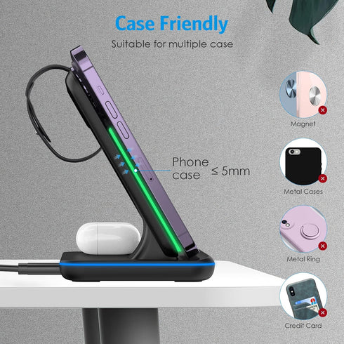 Wireless Charger, Criacr 3 in 1 Wireless Charging Station for Apple iPhone 15/14/13/12/11/Pro/Max/XS/XR/X/8/Plus, iWatch, AirPods 3/2/Pro,Travel C...