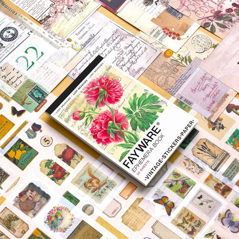 FAYWARE Vintage Washi Stickers for Journaling - Ephemera Book for Journaling with 414 Stickers & 20 Scrapbook Papers. Junk Journal Supplies, Scrap...