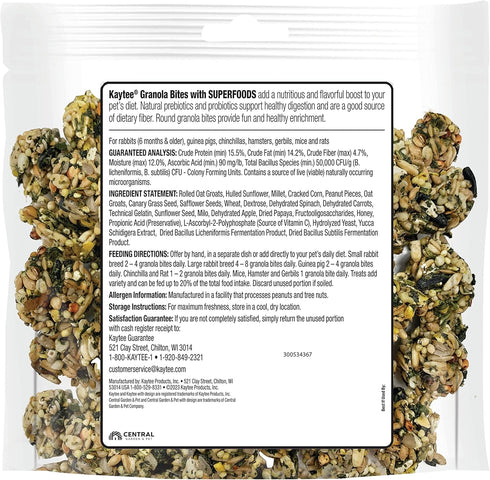 Kaytee Granola Bites with Superfoods Spinach and Carrot for Rats, Mice, Hamsters, Gerbils, Rabbits, Guinea Pigs and Chinchillas, 4.5oz...