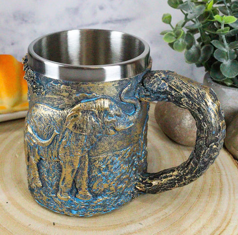 Ebros Animal Totem Spirit Safari Elephant And Calf Family Mug Textured With Rustic Textured Tree Bark Design In Painted Bronze Finish 12oz Drink B...