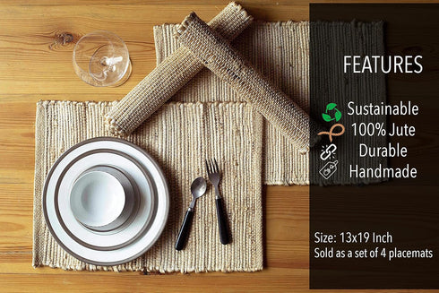 Chardin Home Eco-Friendly Natural Jute/Hemp Placemats 13''x''19, Set of 4 Natural/Beige Table Mats | Perfect for Holidays, Thanksgiving, Christmas...