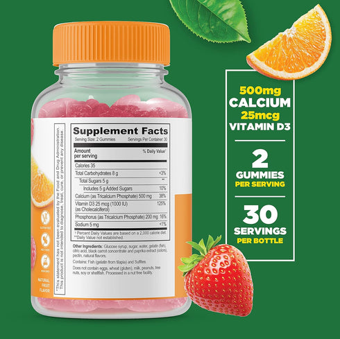 Lifeable Calcium 500 mg with Vitamin D3 1000 IU Gummies - Great Tasting Natural Flavor Vitamin Supplement - Gluten Free GMO-Free Chewable - for Bo...