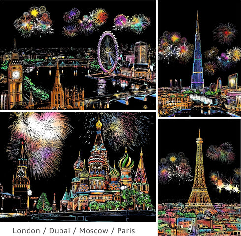 MIASTAR Scratch & Sketch Art for Kids & Adults, Rainbow Painting Night View Scratchboard(A4), Art & Craft, 4 Sheets Scratch Cards & Drawing Pen, C...