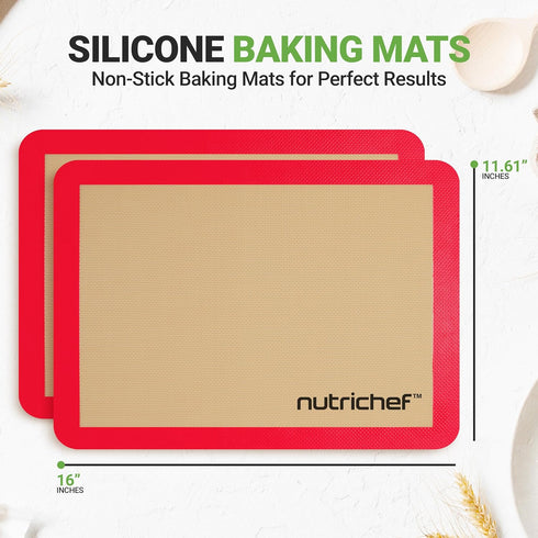 Nutrichef Silicone Baking Mats - 2 Non-stick Food-Grade Reusable Silicone Mats - Perfect for Half Baking Pans 16.5 x 11.6 IN - Oven-Safe Up to 480...