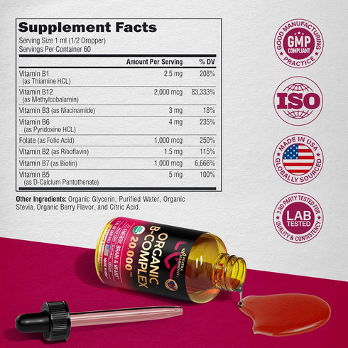 USDA Organic Vitamin B-Complex B5 Pantothenic Acid | B12 Methylcobalamin | B1 Thiamine | B6 Pyridoxine | B7 Biotin | B9 Folic | B3 Niacinamide - B...