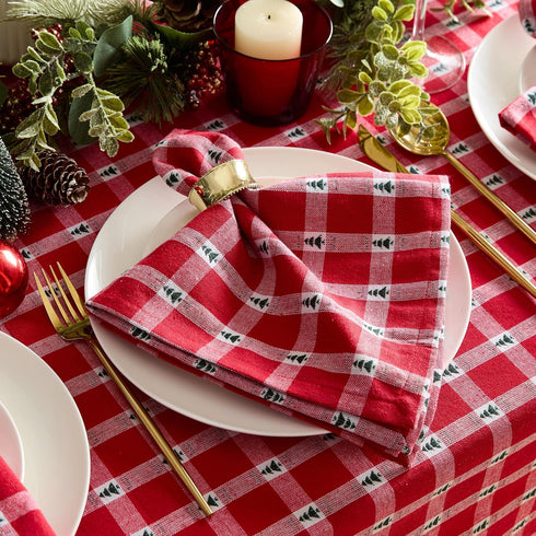 Lintex Little Christmas Trees Plaid Cotton Christmas Napkins, Red and Green Country Tree Woven Holiday Fabric, Easy Care Cotton Weave, Set of 4 Na...