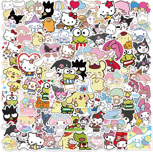 100pcs Sanrio Cartoon Stickers for Kids, Kawaii Hello Kitty Melody Kuromi Gift for Teen Girl Laptop Travel Case Phone Bike Water Bottle Guitar Com...