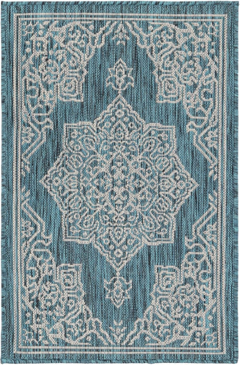 Unique Loom Outdoor Traditional Collection Area Rug - Antique (2' x 3' 1" Rectangle Teal/Ivory)...