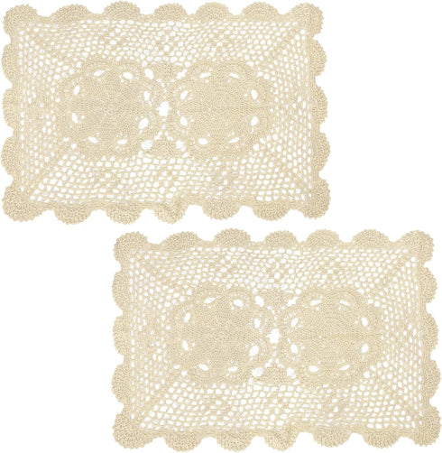 kilofly Crochet Cotton Lace Table Placemats Doilies Set, 2pc, Oblong, Beige,15 x 23 inch...