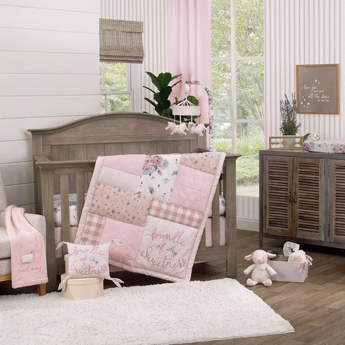 NoJo Farmhouse Chic Tossed Floral White, Pink, and Periwinkle 100% Cotton Fitted Crib Sheet...