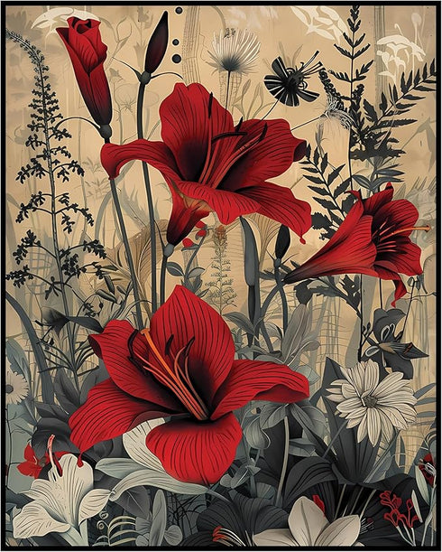 Posterizer 1 pcs-wild nature scene with white and red flowers-Floral & Botanical Art-Abstract & Modern Art-Decor for Home & Office- UNFRAMED Wall ...