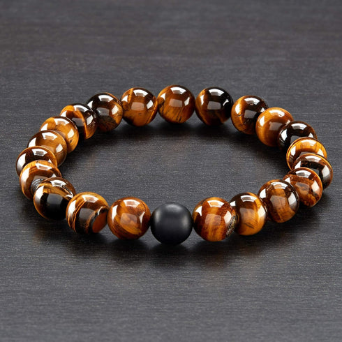 Mens Polished Tiger Eye and Black Matte Onyx Bead Stretch Bracelet (10mm), Brown, One Size...