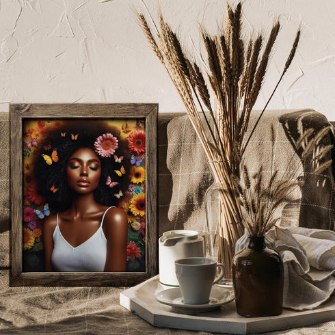 Posterizer 1 pcs-butterflies , flowers African womans decor-Floral & Botanical Art-Afro-American Art Collection-Gift for Moms-Living Room Bedroom ...