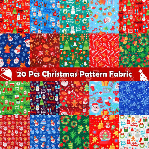20 Pieces Christmas Fabric Fat Quarters Christmas Fabric Bundles Precut Fabric Squares Christmas Tree Snowflake Printed Fabric Scraps for Dress Ap...