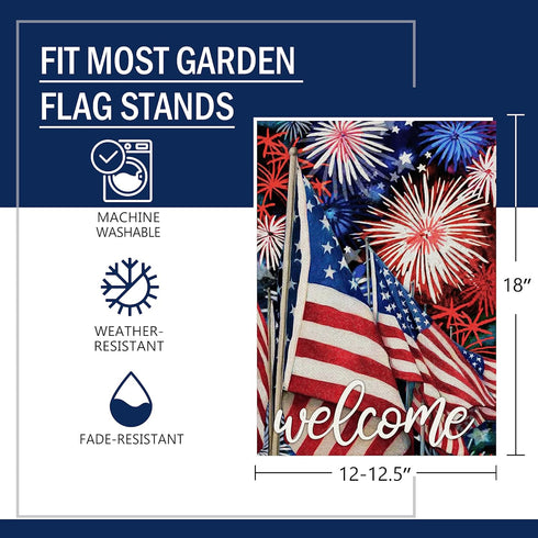Welcome July 4th Fireworks American Patriotic Garden Flag, America Memorial Day Yard Decorative Red White Blue Star Stripes Home Outside Decoratio...