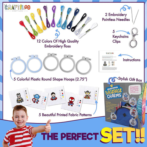 5 Stamped Superhero Cross Stitch Beginner Projects for Kids Needlepoint Starter kit Sewing Set for Backpack Charms…...
