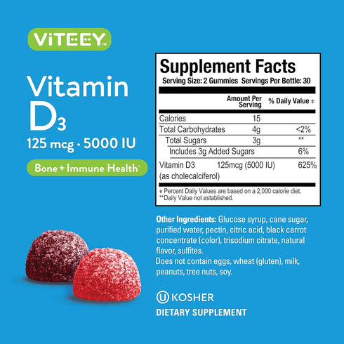 Vitamin D3 Gummies for Adults & Teens - 5,000 IU, 125mcg, Ultra Strength - Joint & Muscle Health, Immune Boost - Chewable Vitamin D Gummies - Vege...