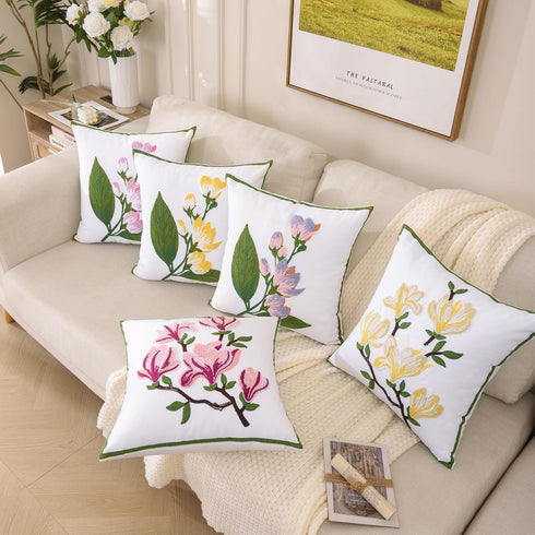 Embroidered Throw Pillow Covers 18x18 Inch Set of 2 Pink Magnolia Flower Spring Pillowcases, Square Pillow Cushion for Living Room Sofa Bed...