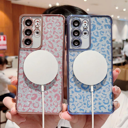 for Samsung Galaxy S21 Ultra Case Compatible with MagSafe Cute Leopard Glitter Magnetic Phone Case Luxury Plating Clear Camera Cover Shockproof So...