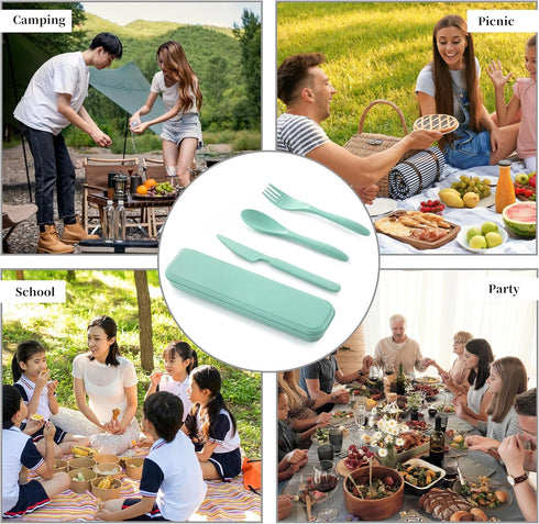 Reusable Travel Utensils Set with Case, 4 Pack Reusable Wheat Straw Portable Utensils Set with Case, Travel Utensils for Lunch, Camping, Picnic, T...