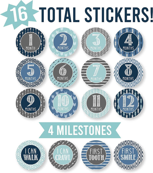 Hadley Designs 16 Monthly Baby Milestone Stickers Boy-Blue Baby Monthly Milestone Stickers for Baby Boy...