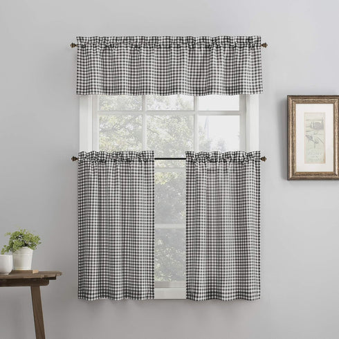 No. 918 Parkham Farmhouse Plaid Semi-Sheer Rod Pocket Kitchen Curtain Valance and Tiers Set, 54" x 24", Black/White...