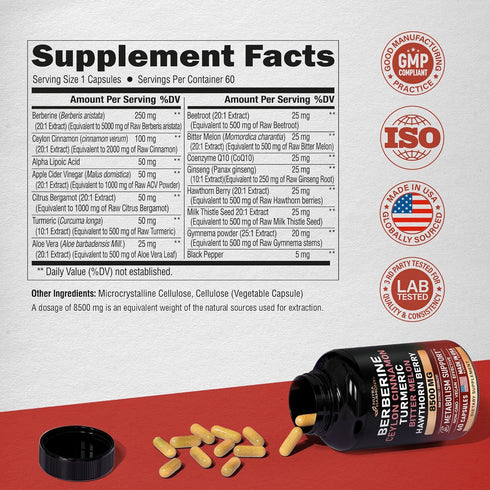 Berberine with Ceylon Cinnamon 10000 mg with Apple Cider Vinegar | Hawthorn Berry | Citrus Bergamot | Bitter Melon - 15-in-1 Supplement for Heart ...