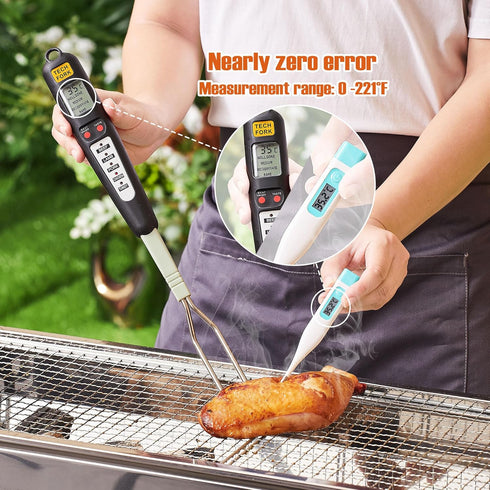 80-09 Digital Meat Instant Read Thermometer with LED Screen and Ready Alarm, Kitchen Probe with Long Fork for Grilling, Barbecue and Cookin, l, wh...