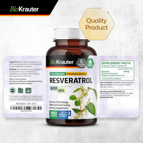 Resveratrol Capsules - Natural Antioxidant Resveratrol Supplement - Organic Resveratrol Powder 600 mg - Bioactive 98% Pure Trans Resveratrol - 100...