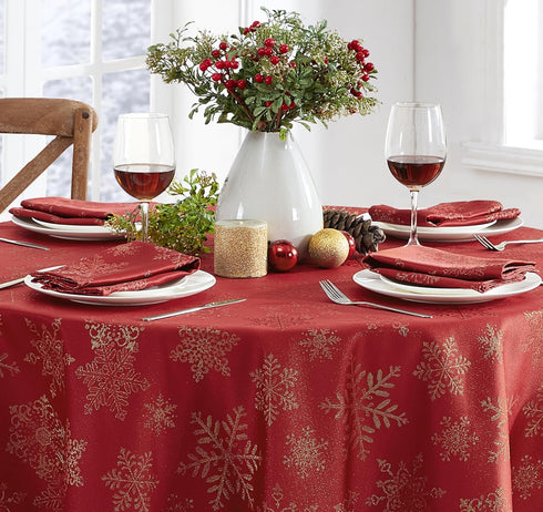 Newbridge Fancy Metallic Snowflake Christmas Fabric Tablecloth, 70 Inch Round, Red Gold, No-Iron Soil Resistant Sparkling Snowflakes Woven Holiday...
