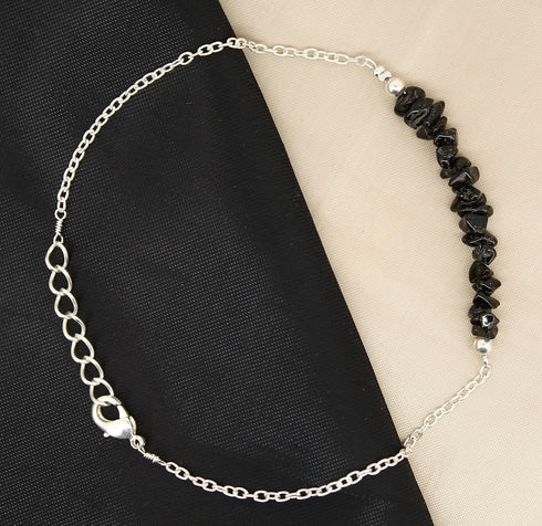 Gempires Natural Black Tourmaline Chips Bar Bracelet, 3-4 mm Chips With 7+1 inch Adjustable Silver Plated Chain (Black Tourmaline)...