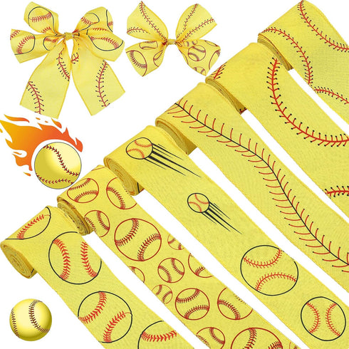 6 Rolls Softball Ribbons Softball Grosgrain Ribbon Red and Yellow Wired Edge Fabric Ribbons 2.5 Inch x 30 Yards Sport Stitching Satin Wired Ribbon...