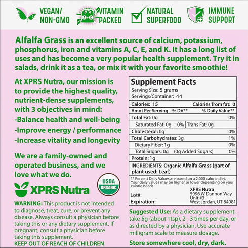 XPRS Nutra Organic Alfalfa Powder - Premium Vegan Alfalfa Supplement Rich in Calcium, Antioxidants, Vitamins - Farmer Alfalfa Supplement for Kids ...